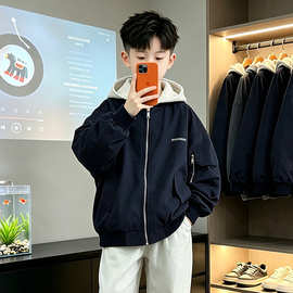 男童秋季连帽外套2026春秋新款儿童假两件拉链夹克帅气休闲工装风