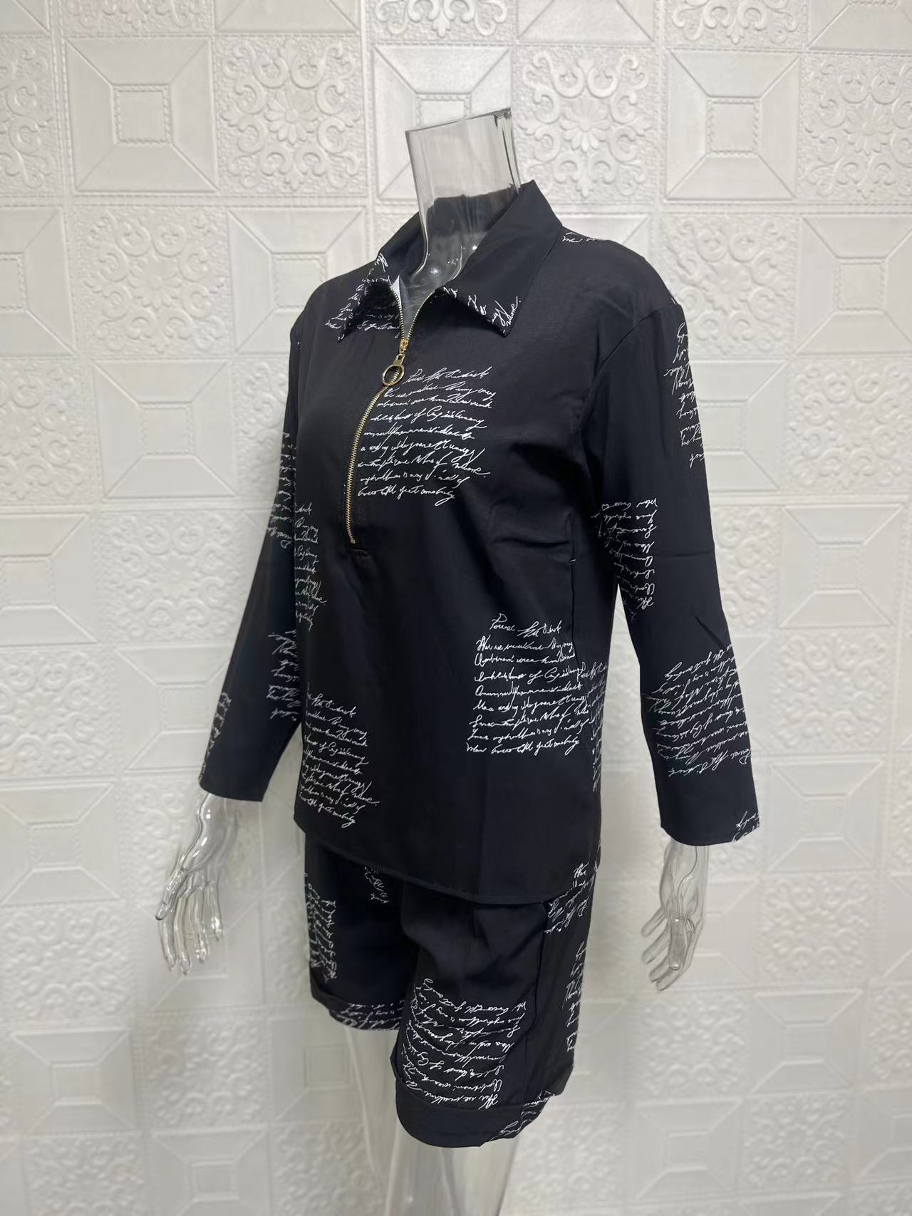 Ensemble deux pièces pour femmes, haut à manches longues, short imprimé avec fermeture éclair, nouvelle collection automne 2024_voghion.com