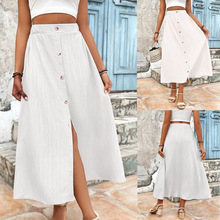 2024夏季新款 欧美棉麻半身裙亚马逊跨境外贸开叉A字包臀中腰长裙