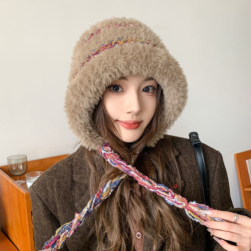 女性用の冬用暖かい耳保護カラーロープぬいぐるみ帽子、多用途の防風ニットウール帽子、ベルベットの厚みのあるサイクリングプルオーバー帽子|undefined