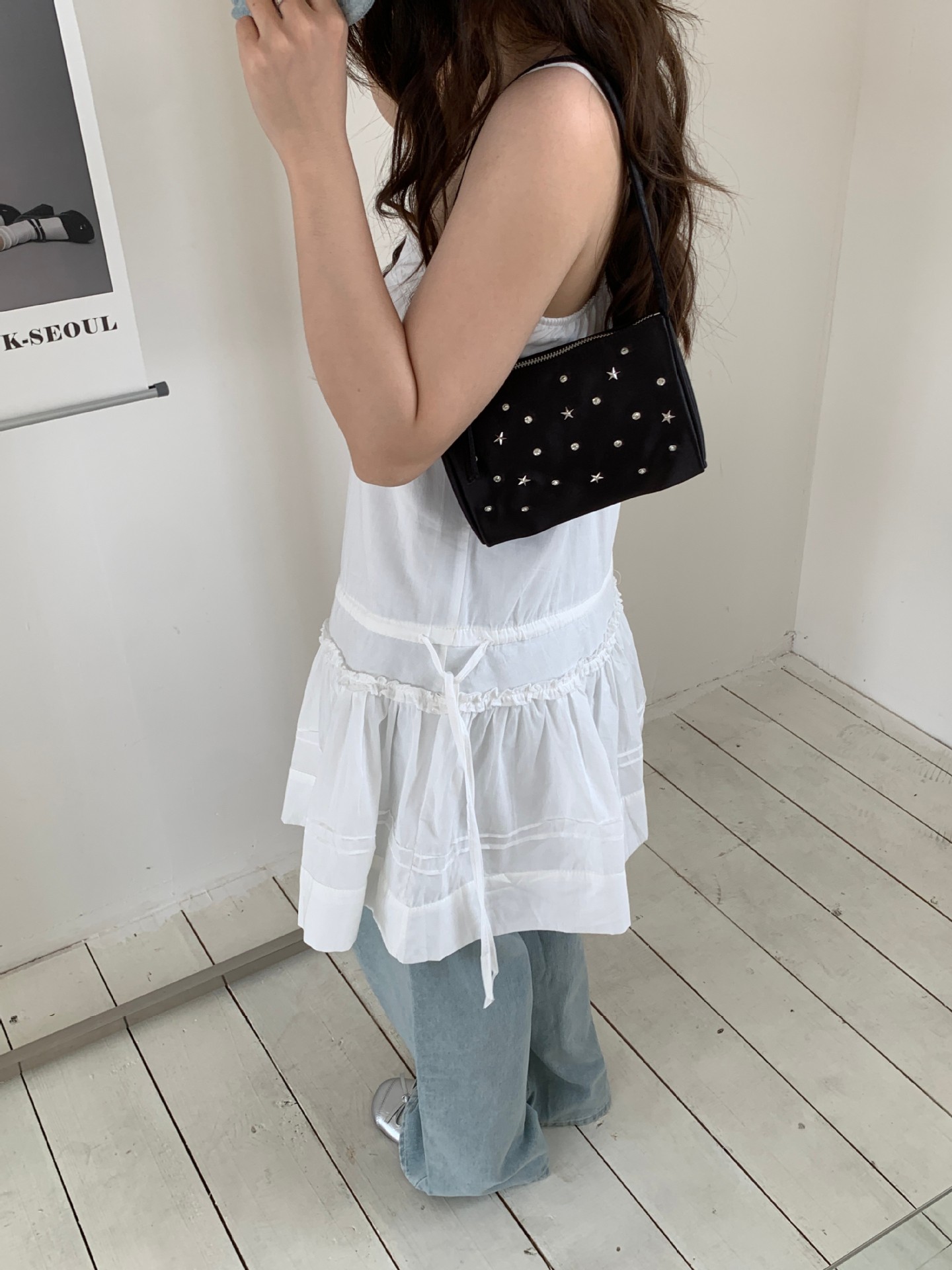 Rhinestone Star Embellished Silk Zip Shoulder Bag 25