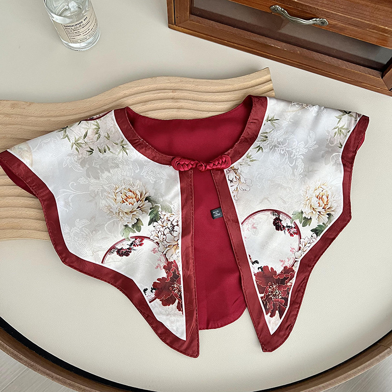 Collar falso para niños collar falso de hoja de loto impresión serie de estilo antiguo de doble cara decoración de cierre de hombro de nube pequeño chal