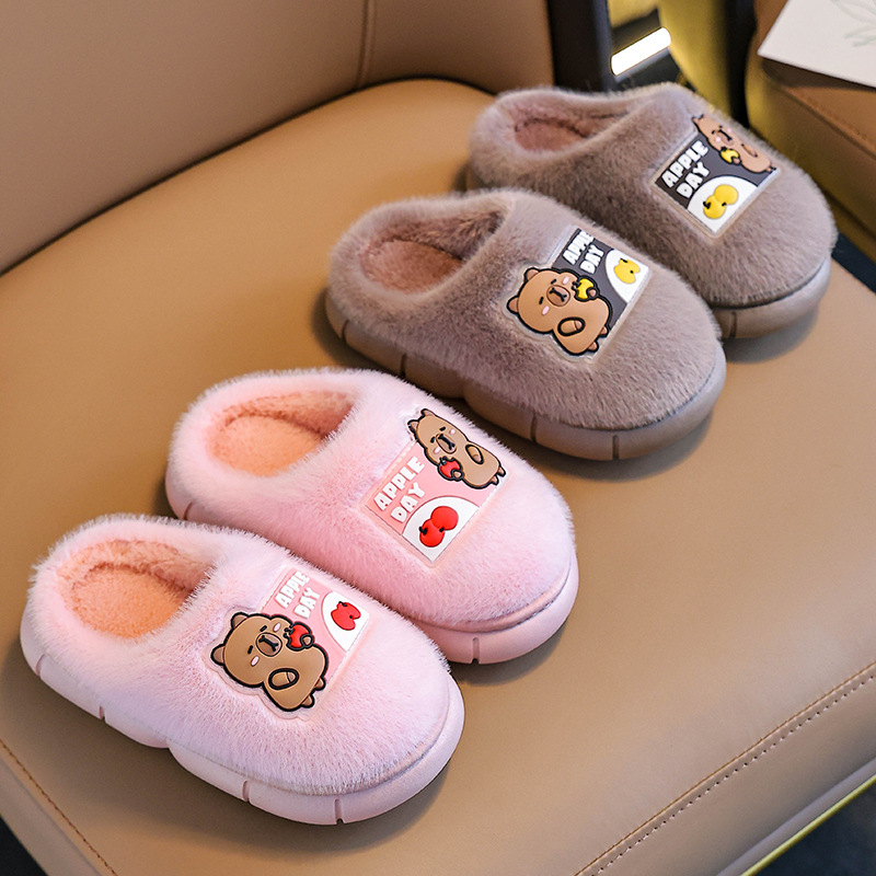 Kapibala Girls Cotton Slippers Home Family Shoes Non-Slip Soft Bottom Fur Slippers Boys Baby Cotton Slippers Winter