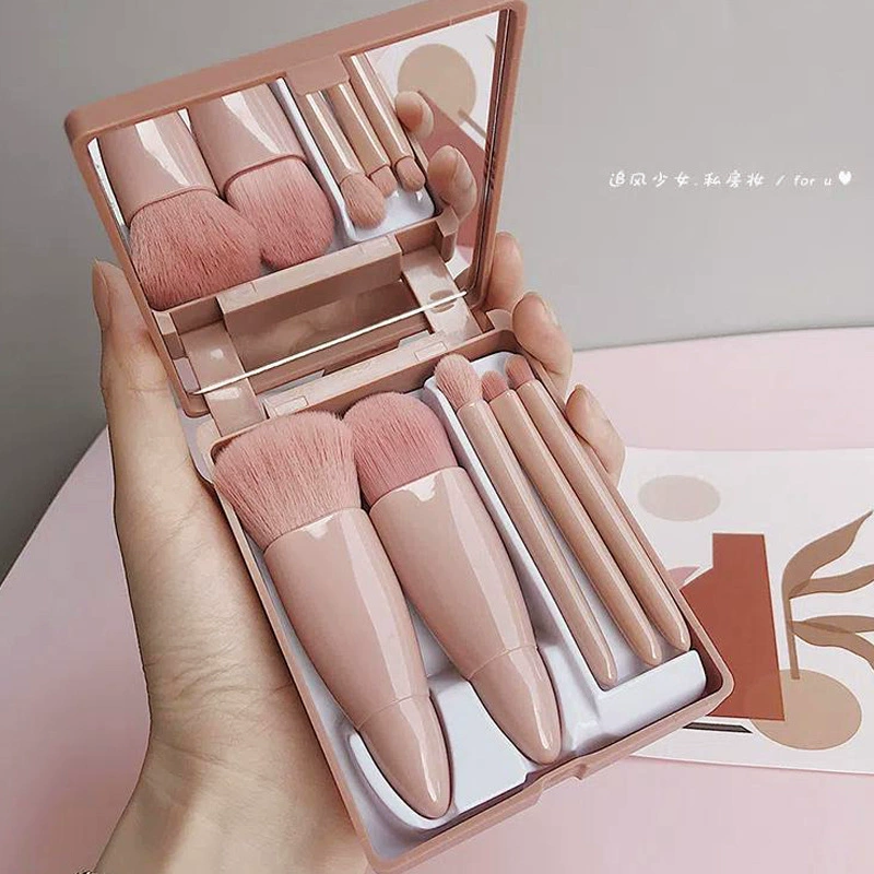 Handheld Face Brush Set, 5-piece Portable Compact with Mirror, Pink Makeup Brushes
