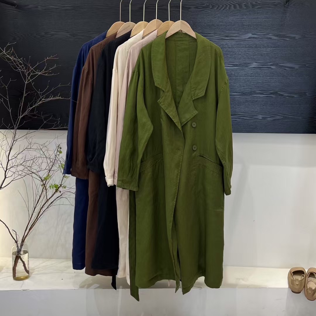 2025 New Casual Versatile Simple Style Large Version Long Linen Windbreaker Jacket