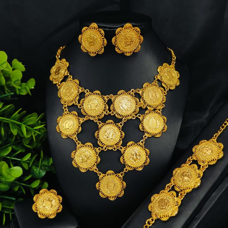 Cross-Border European and American Style Round Pendant Portrait Wedding Bride Necklace, Earrings, Bracelet, Ring Set, Dubai 24K Gold Tassel Chain Cross-Border European and American Style Round Pendant Portrait Wedding Bride Necklace, Earrings, Bracelet, Ring Set, Dubai 24K Gold Tassel Chain