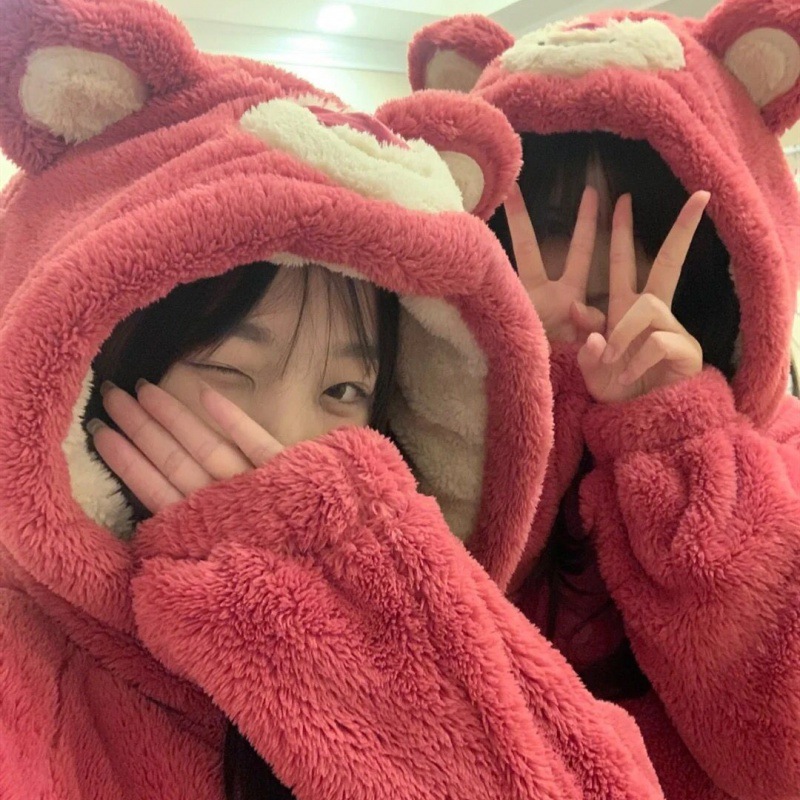 (2개) 딸기 곰 산호 양털 잠옷 여성용 가을과 겨울 플랜지 봉제 기모 두꺼운 플러스 사이즈 세트 긴 잠옷