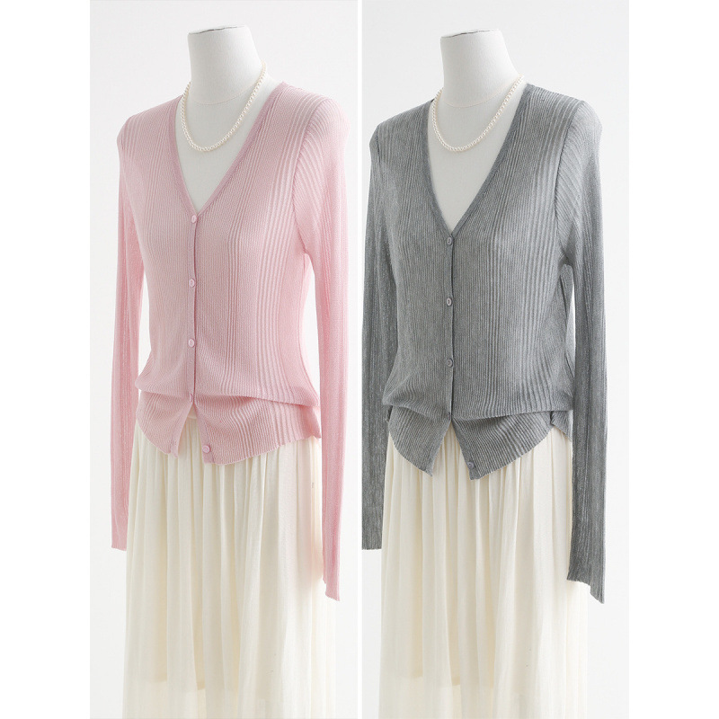 Ambilight Glitter Tencel Lyocell Pit V-Neck Knitted Cardigan Slimming Long-Sleeved Sunscreen Air-conditioning Shirt 35213 Ambilight Glitter Tencel Lyocell Pit V-Neck Knitted Cardigan Slimming Long-Sleeved Sunscreen Air-conditioning Shirt 35213
