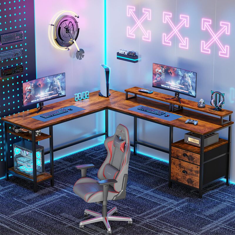 L-shaped computer desk with monitor stand storage drawer reversible corner game table large household desk