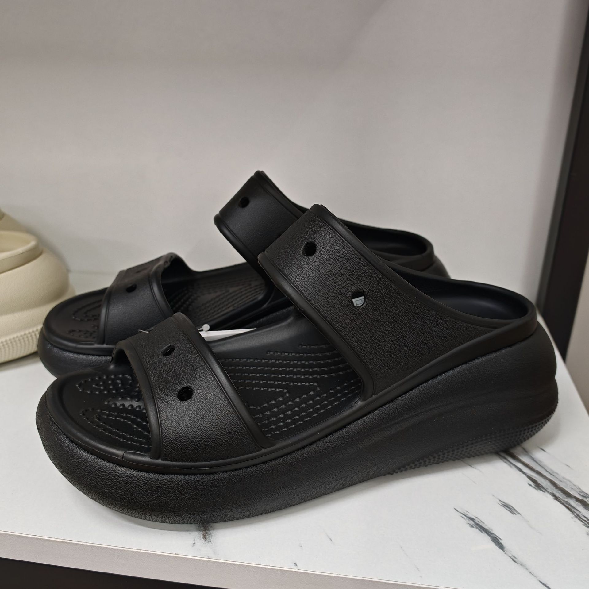 Black slippers, double strap