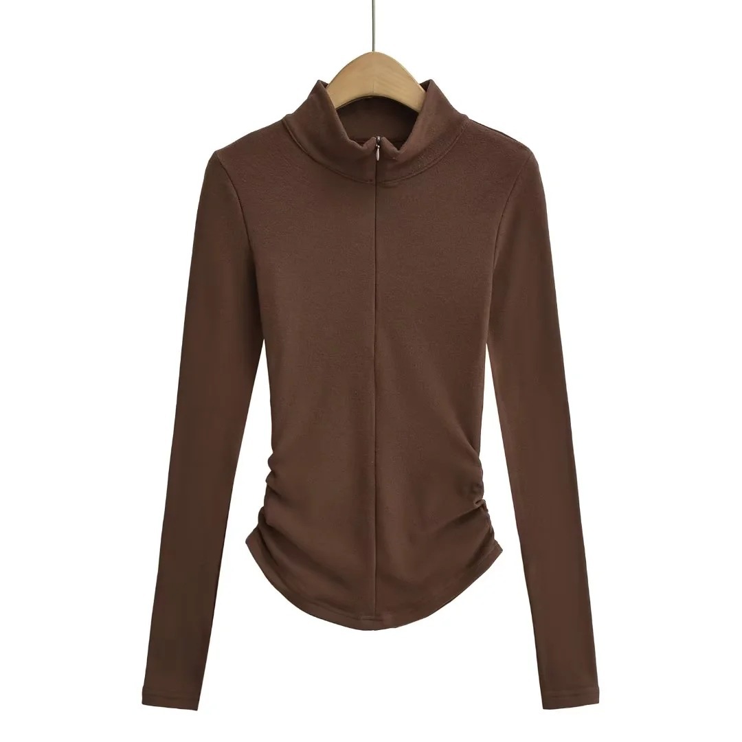 High Collar Half Zipper Stretch Slim-fit Thin Velvet Long Sleeve