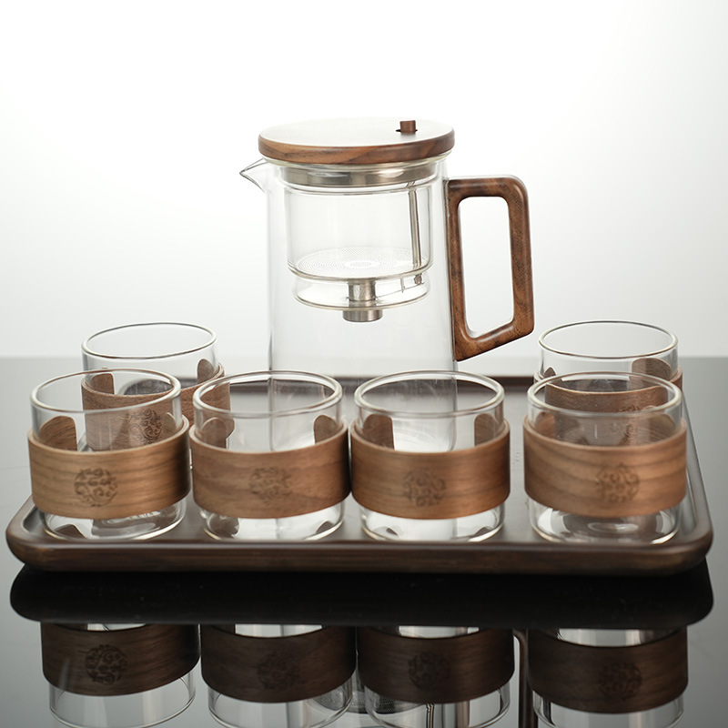 Piaoyi taza tetera filtro de un solo clic nogal resistente a altas temperaturas revestimiento de vidrio completo taza de separación de té juego de té de alta gama