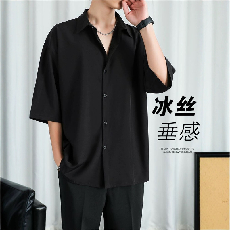 Black Short-Sleeved Shirt for Men in Summer, Loose and High-End, No-Iron and Drapey, Thin Mid-Sleeve White Shirt for Men, Trendy