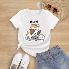 2025外贸夏季女童 “俏皮堆叠猫咪与MEOW图案”印花T恤  时尚