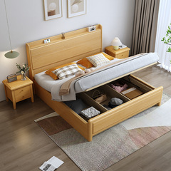 櫸木實木床主臥1.8m大小戶型雙人大床現代簡約臥室儲物床實木家具