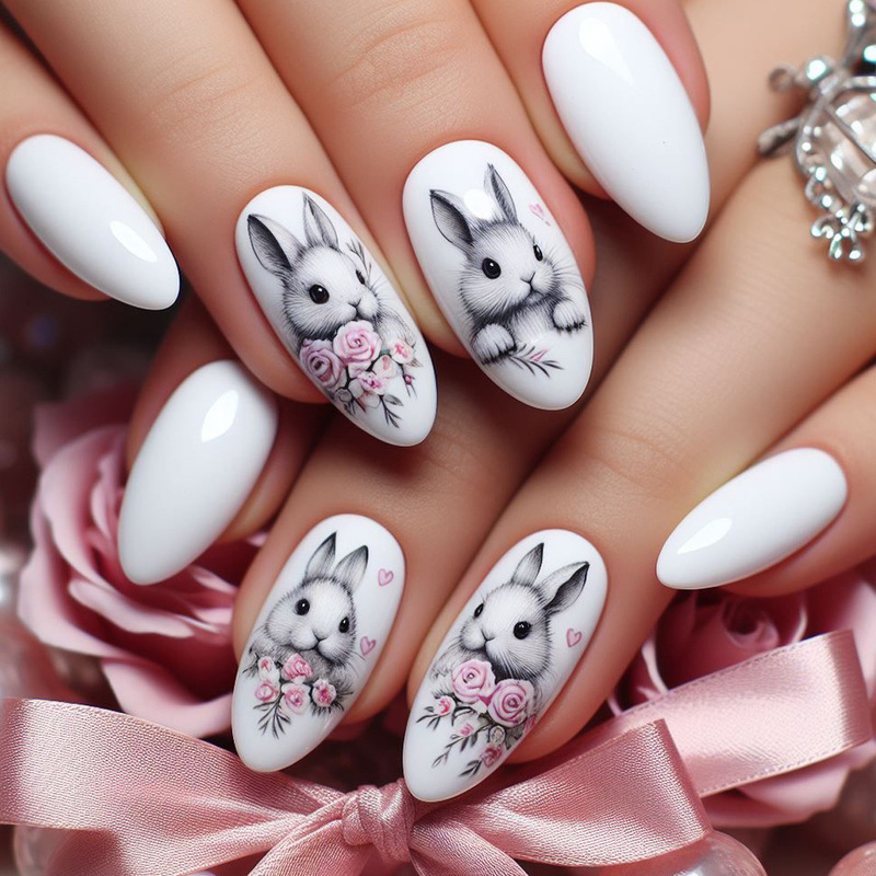 Wearable Nails Easter Cartoon Retro White Cute Rabbit Flower Almond Shape Finished Removable Fake Nails Wearable Nails Easter Cartoon Retro White Cute Rabbit Flower Almond Shape Finished Removable Fake Nails