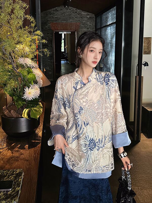 新中式国风新款长袖衬衫秋季高定珠片绣花高级宽松上衣女装 N9030|undefined