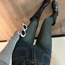 辣妹复古牛仔裤女小个子高腰两粒扣前口袋修身显瘦提臀铅笔小脚裤