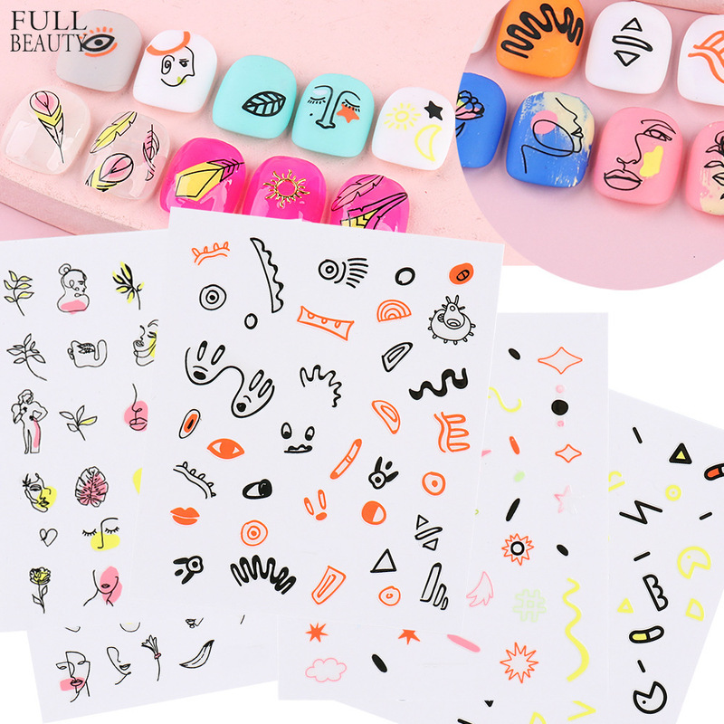 2022 Cross-border New Nail Art Stickers ins Fluorescent Facebook Cartoon Floret Abstract Line Cute Nail Stickers