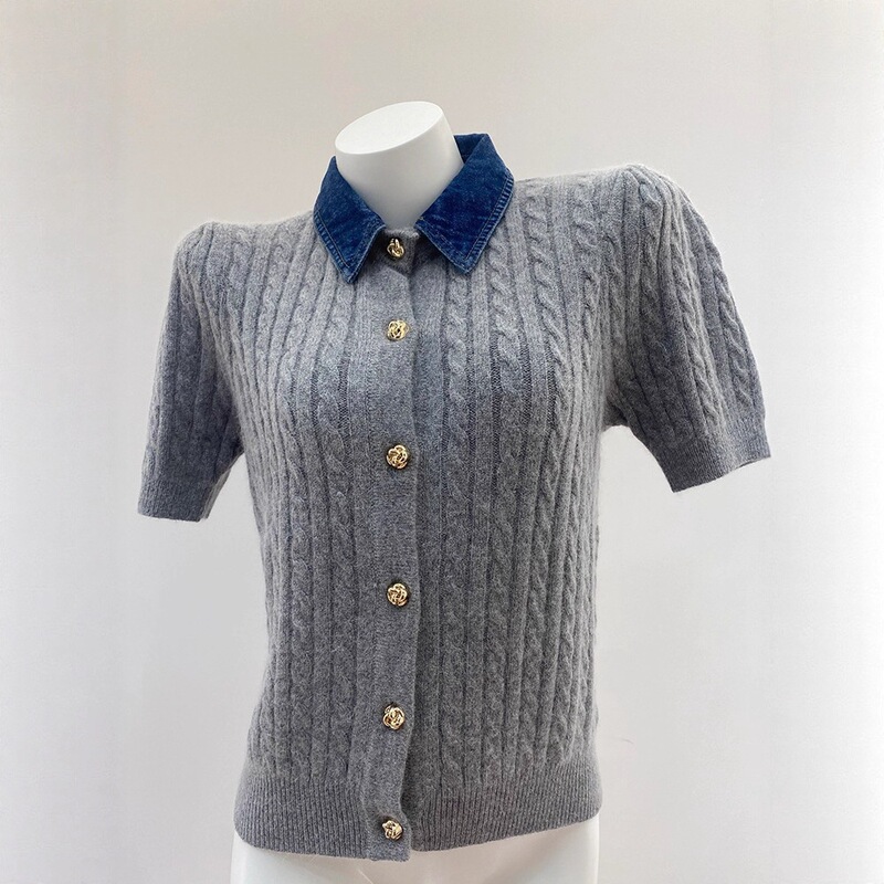 Sd's 2025 Early Autumn New French-Style Patchwork Denim Lapel Short-Sleeve Cardigan Top with Metal Flower Buttons