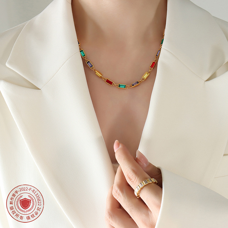 Nuevo estilo retro chino colorido rhinestone costura collar pulsera no desvanecimiento nicho simple titanio acero dopamina joyería