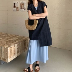 紺色の重ね着シャツストラップワンピースセット女性2025夏軽熟風気質減齢ロングスカート2点セット