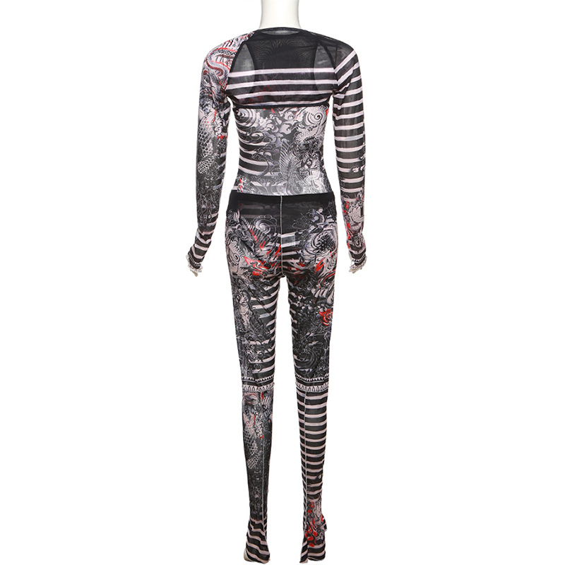 Women's Pants Set Perspective Mesh Printed Sexy Two Piece Outfit_voghion.com