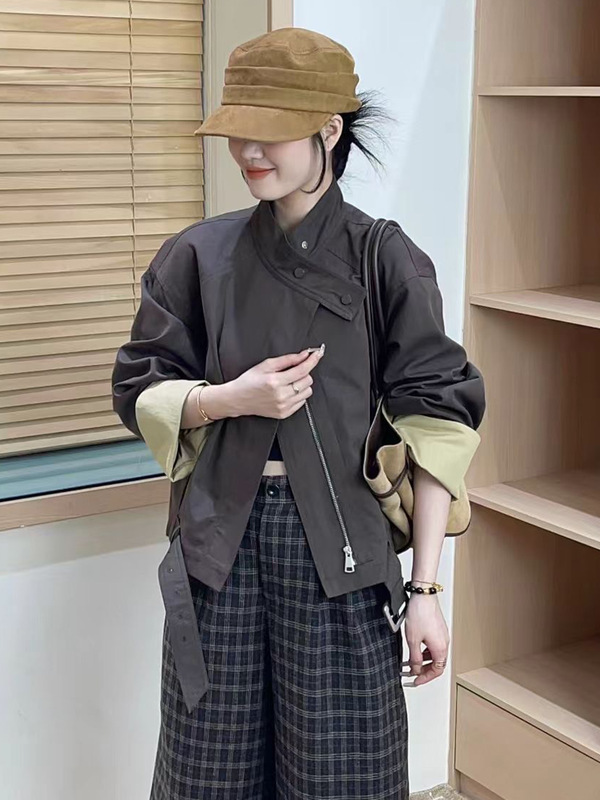 韩版时尚立领袖口拼接拉链短外套女2025秋新款设计感百搭夹克上衣|undefined