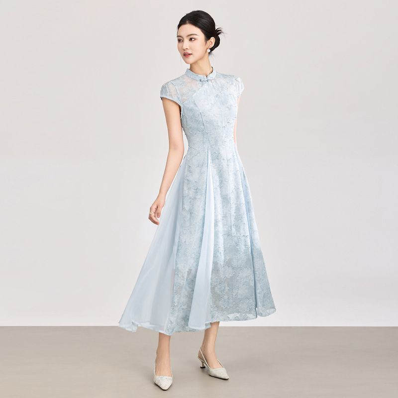 2603102-Nanyou New Chinese Style National Style Three-Dimensional Embroidered Floral Patchwork Korgan Yarn Waist-Cinching Improved Cheongsam Dress New Model