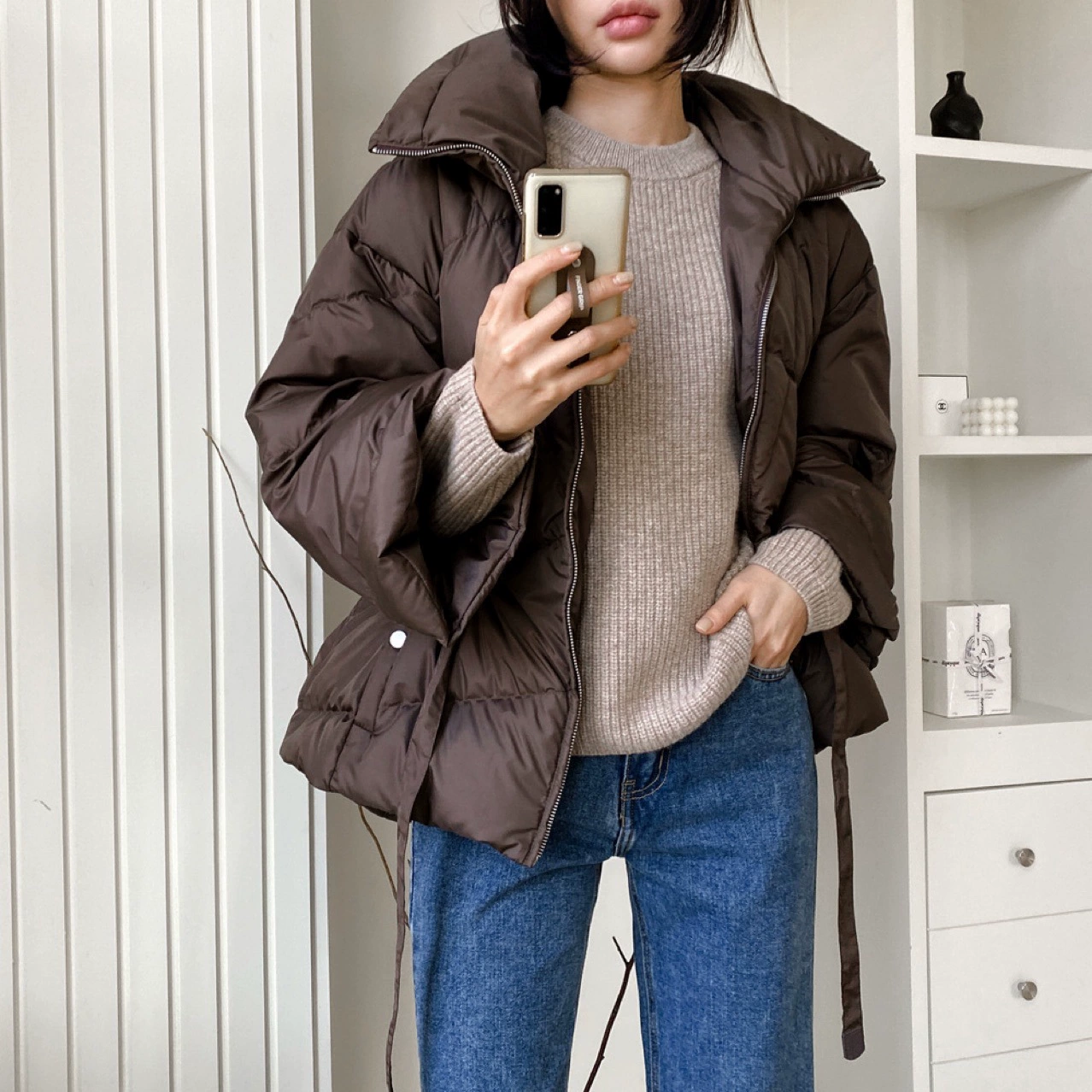 Winter short colored jacket with zipper, high collar, drawstring, increased thickness, wholesale