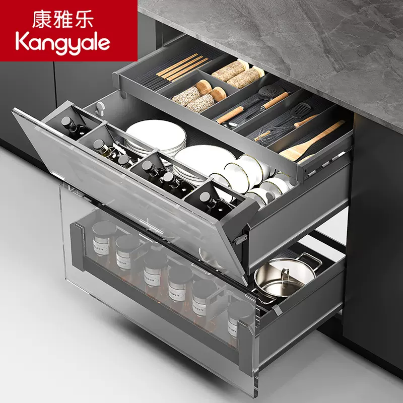 厨房倾斜随心抽碗碟拉篮橱柜三层抽中抽碗碟锅具篮轻松抽日式拉篮