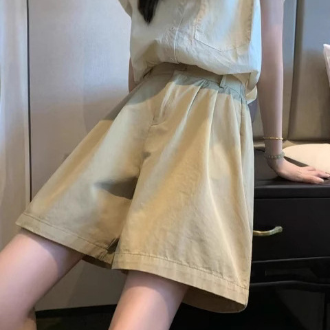 女性用純綿スーツショーツ、夏用薄手Aラインカジュアルワイドレッグミッドパンツ、ハイウエストストレートスリム5点パンツ|undefined