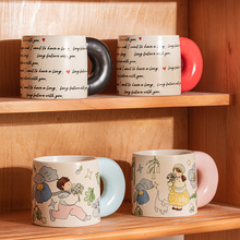 日系田园风花朵把手陶瓷杯卡通花花咖啡杯碟套装可爱小动物马克杯