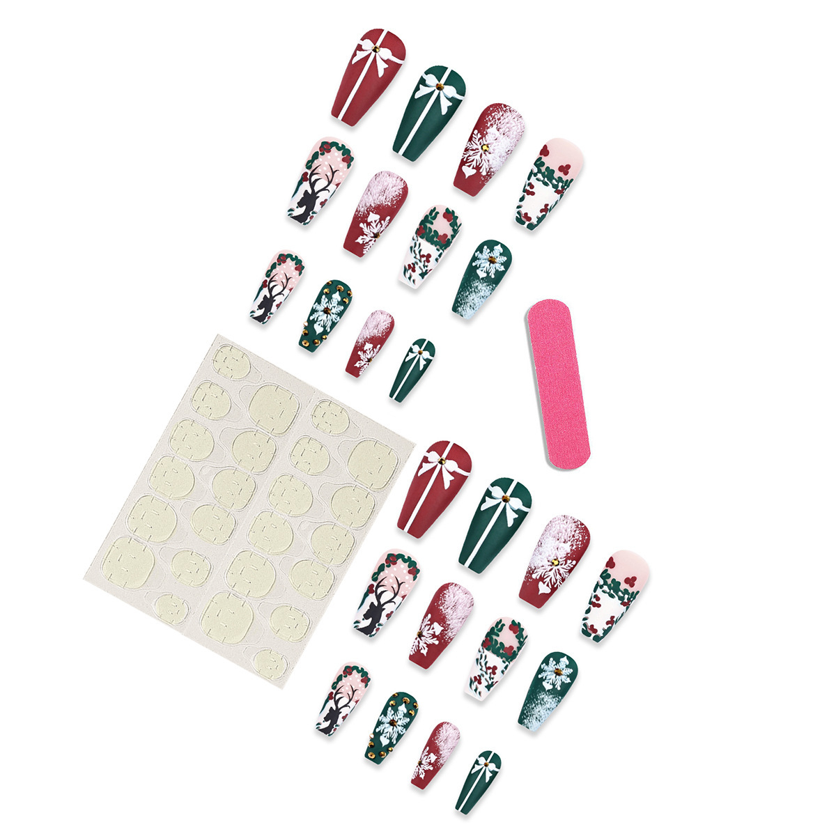 36g Weight Christmas Festival Bow Knot, Snowflake Pattern Sweet Style Christmas Sweet Bow Knot Snowflake Press On Nails 3
