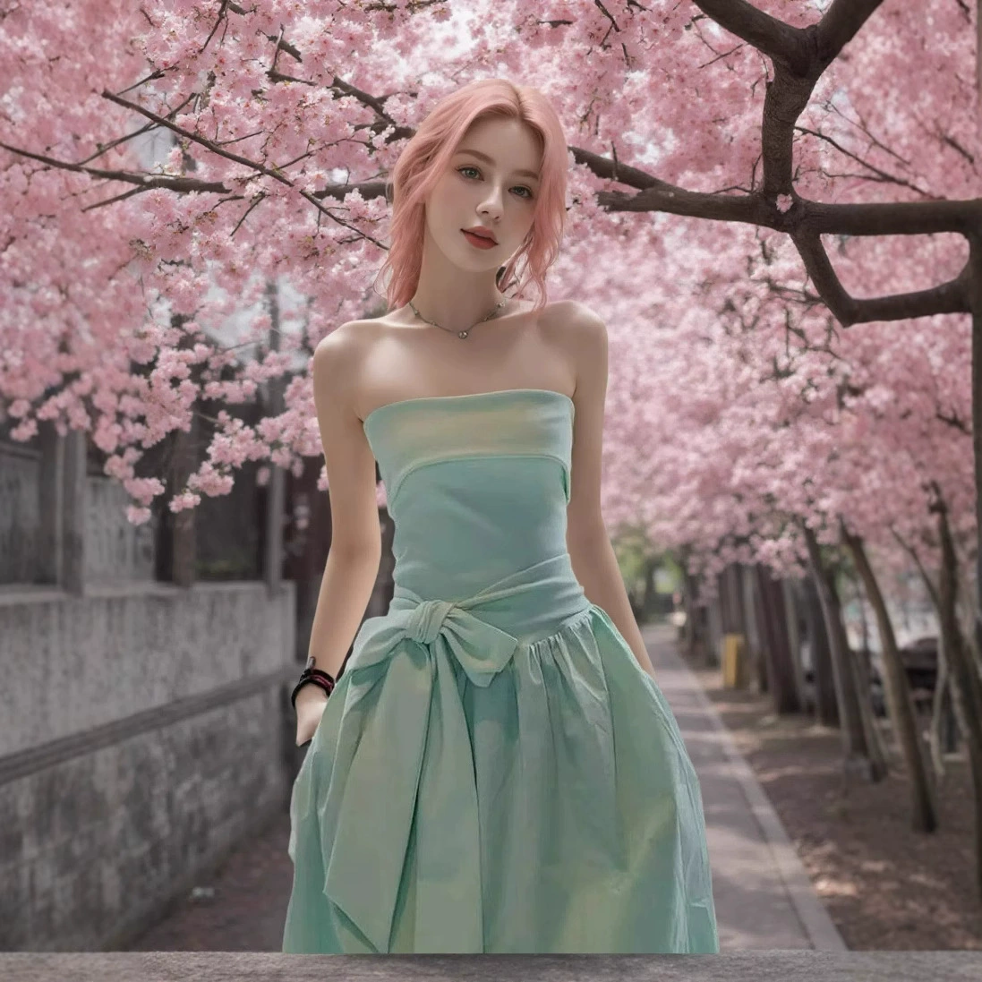 Кросс-бордерное платье-топ мятного цвета в стиле нового курортного курорта 2025 года с завышенной талией и открытым плечом, длинная юбка, внешняя торговля