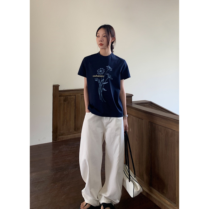 chic美式花卉印花短袖T恤女夏季新款宽松情侣款上衣|undefined
