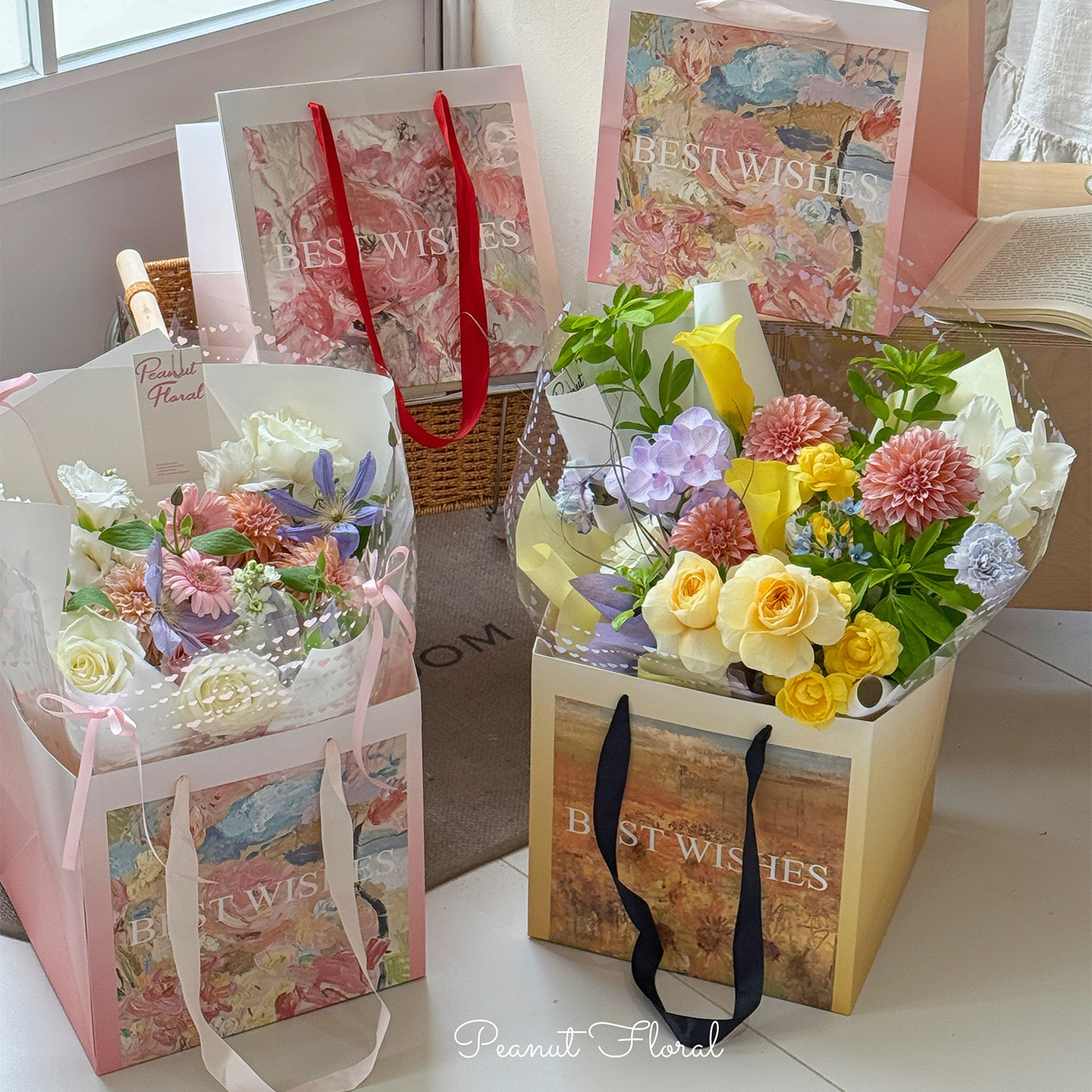 Nuevos productos amor jardín bolsas de mano estilo de pintura al óleo bolsas de flores espesar bolsas de regalo bolsas de mano materiales de arte floral