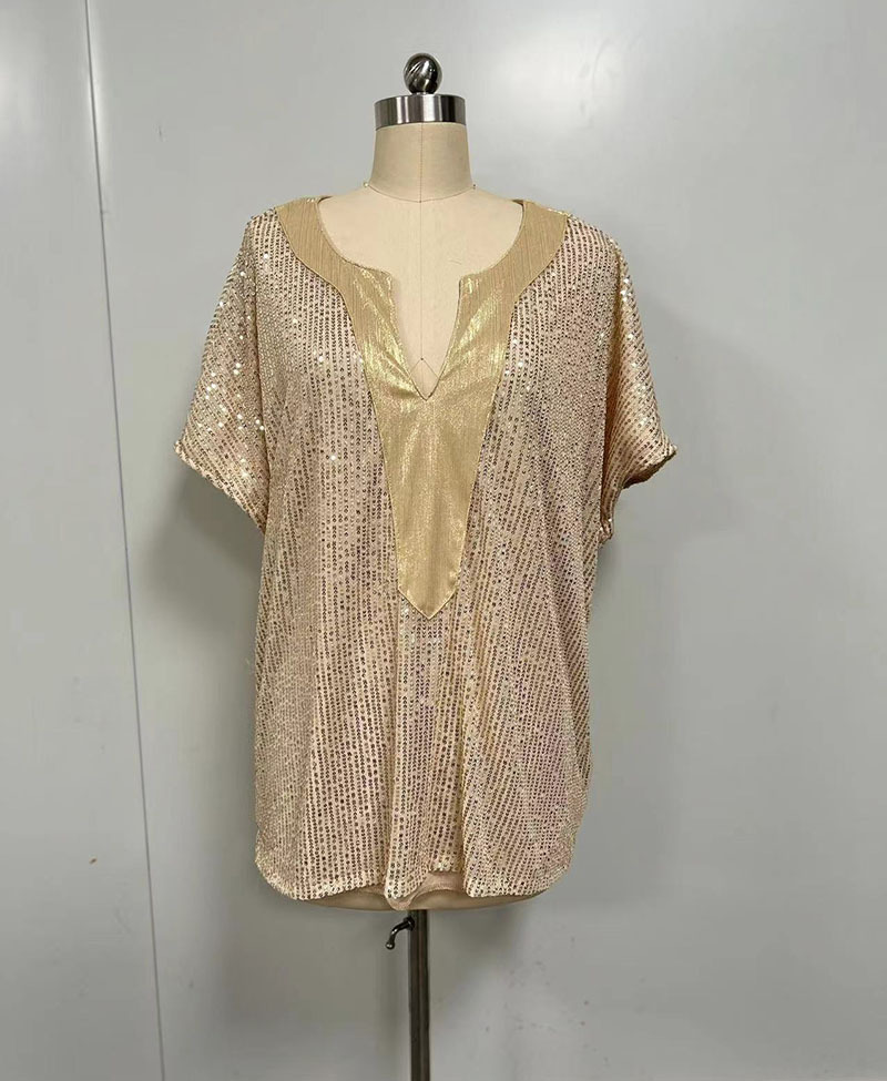 Camicia donna con paillettes scollo a v manica corta top largo_voghion.com
