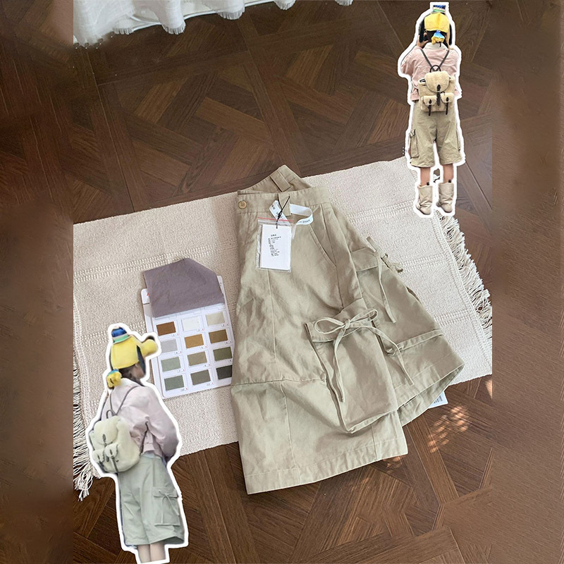 Ouyang Nana's same style khaki denim workwear cropped pants for women, summer loose wide-leg casual mid-length pants for petite individuals