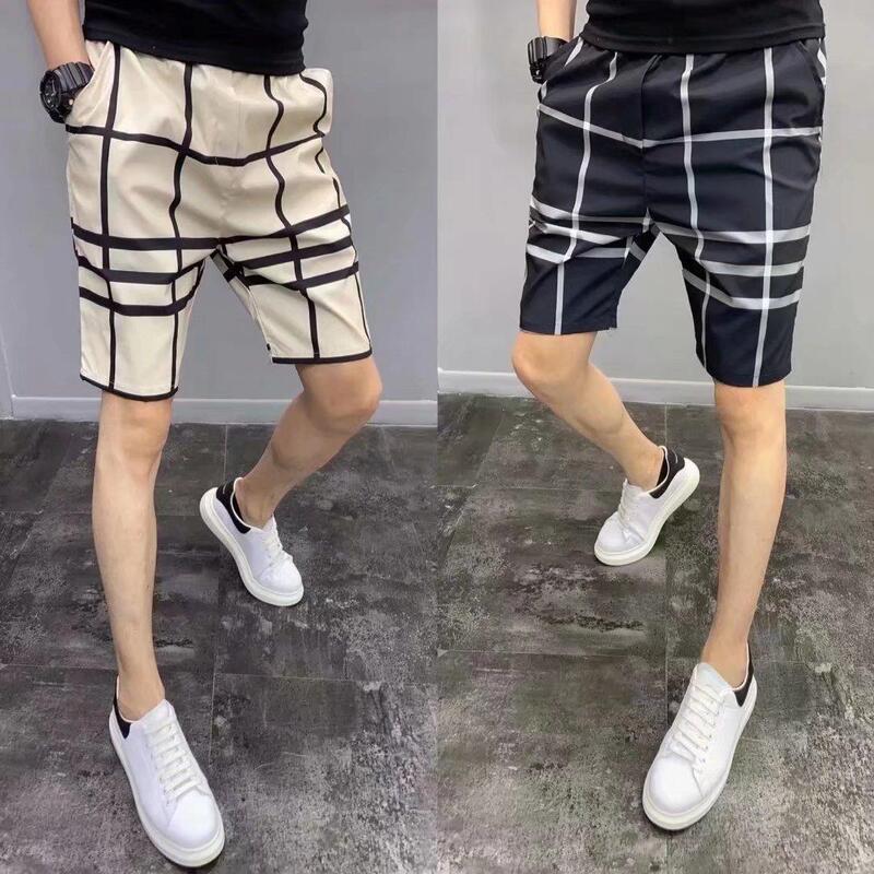 Summer Boys quick-drying slim-fit cropped pants social spirit guy printed plaid beach pants quick-drying all-matching shorts