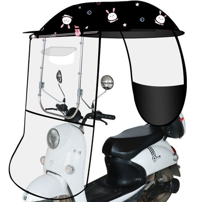 Elektromobil üçün ön şüşə çətiri (günlük) – vehicle canopy, motorcycle canopy - stainless-steel-reinforced-edge-model-rain-curtain-black-rabbit-with-rearview-mirrordirect-installation