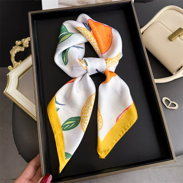 Korean-Style Lemon Print Imitation Silk Scarf, High-End Shawl, Sun Protection Neck Scarf, Small Square Scarf, Headscarf, Scarf for Women