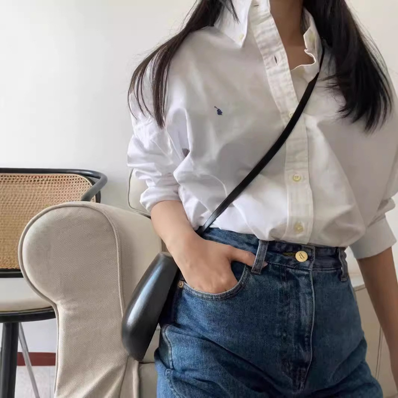 RL Spot High Version Ruff Loose Oxford Cotton Shirt Jacket Pony Logo Embroider Lapel Long Sleeves Same Style for Men and Women