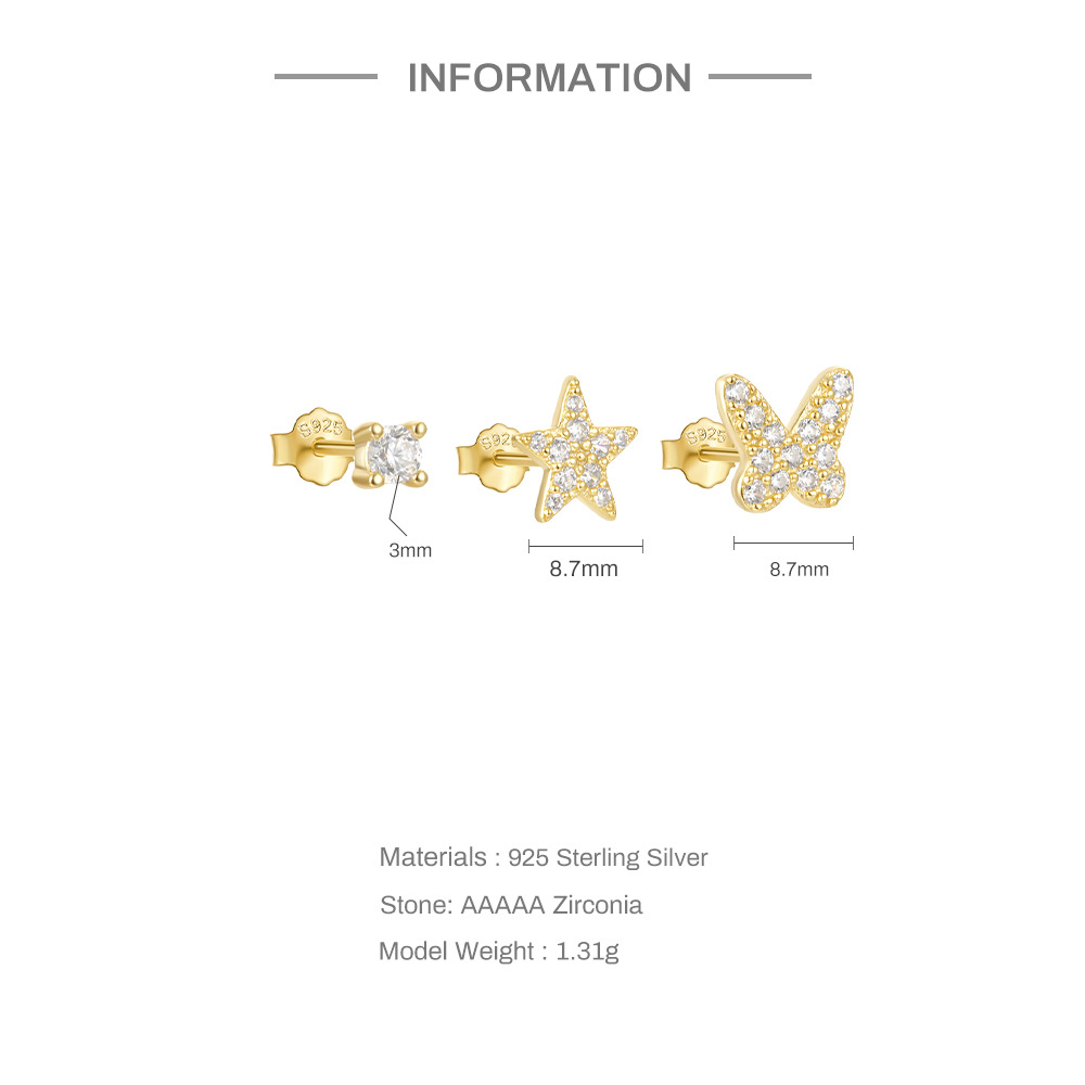 3g Weight Ear Studs Classification 1 Set Quantity Daily Occasion 925 Sterling Silver Material Star, Butterfly Pattern Women's Gender Plating Design Simple Style Style 1 Set 925 Sterling Silver Star Butterfly Ear Studs 9