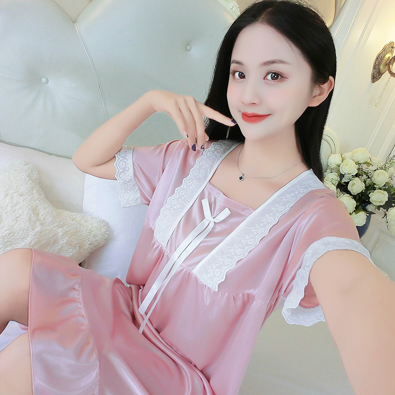 2024 pijama de verano delgado seda de hielo mediano largo de manga corta pijama de seda de simulación princesa muñeca de viento cuello ropa para el hogar