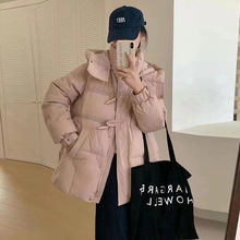 韩版时尚羽绒服女中长款2025冬季新款牛角扣连帽显瘦白鸭绒外套潮