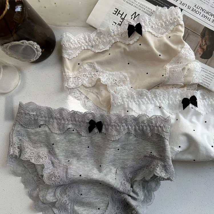 森女系·舒适透气A类精梳棉弹力波点无痕蕾丝可爱女内裤中腰包臀