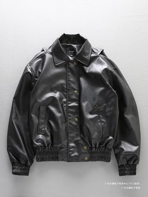 Jacket, polyurethane retro black set, American style, loose fit