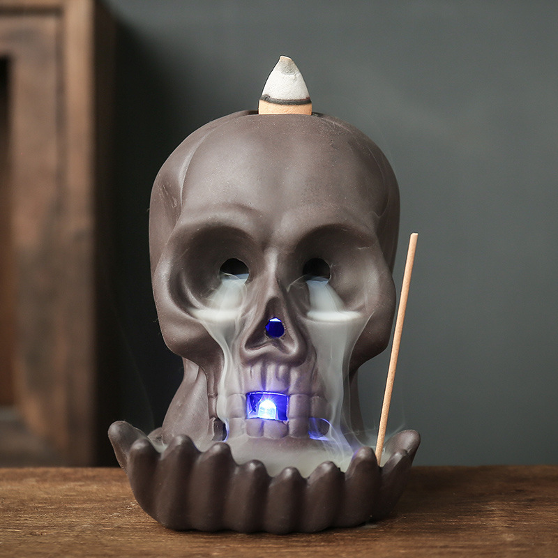 Cross-Border Sad and Tearful Purple Sand Skull Incense Burner Halloween Backflow Incense Burner Creative Led Light Skull Incense Burner
