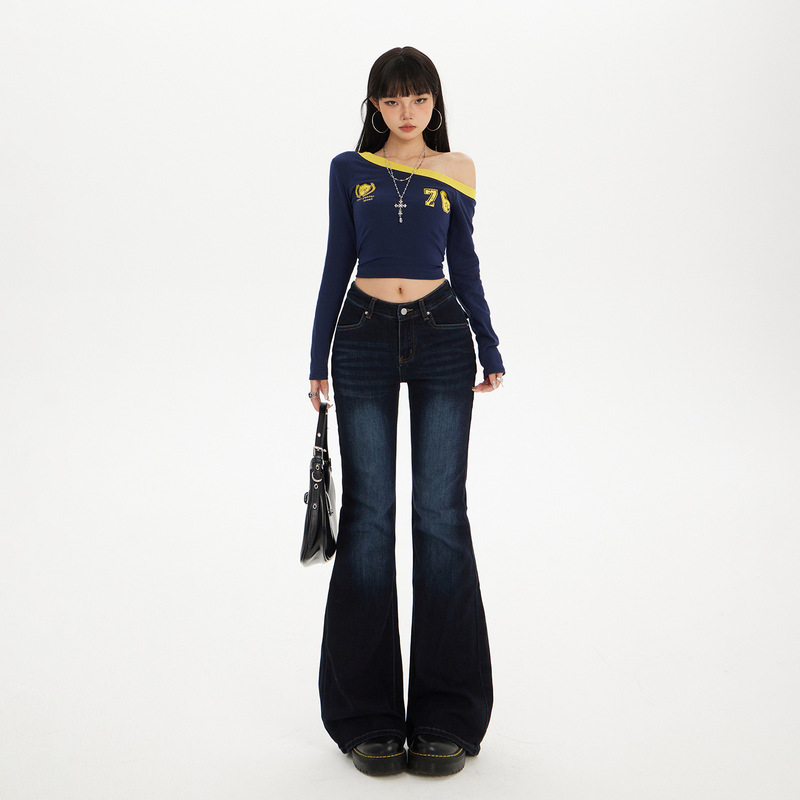 Yc& American Retro Style Spicy Girl Low-Waist Flared Pants Slim Fit V-Waist Design Versatile Jeans for Women Blue-Gray Long Pants